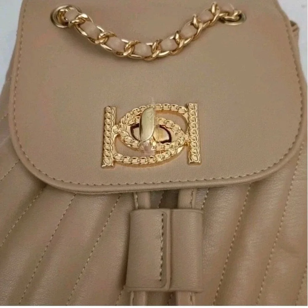 BEBE Quilted Faux Leather Drawstring Backpack Gold Chain Tan Beige Women New